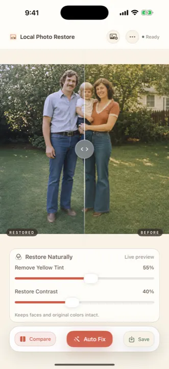 Before and after comparison of a backyard family photo with a draggable divider